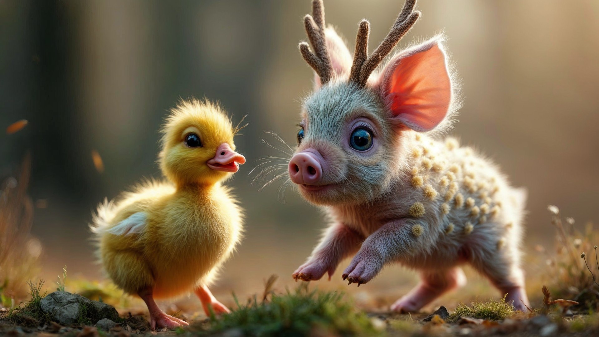 Fluffy Duckling and Whimsical Antlered Creature Scene