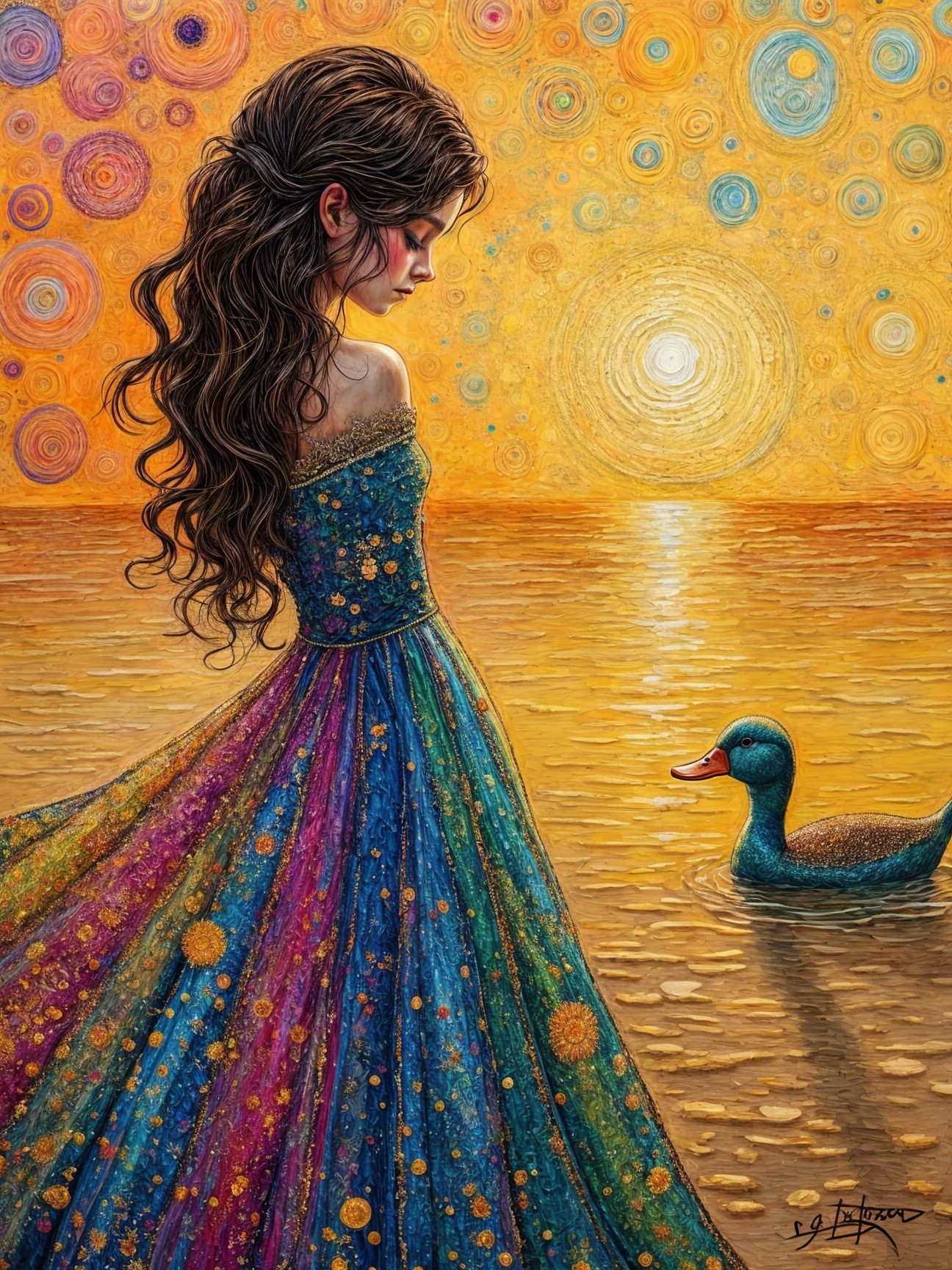 Whimsical Scene of Girl by Sunset Water Surface