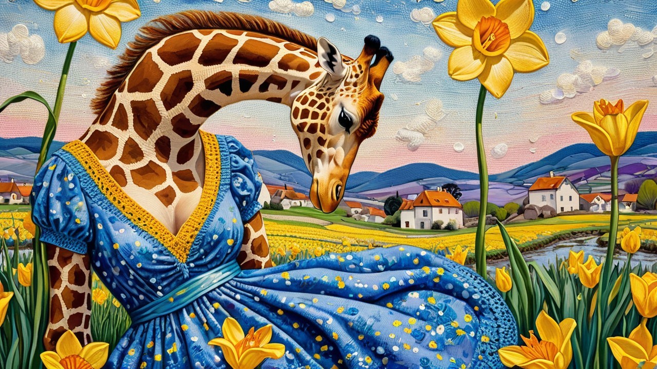 Surreal Painting of Giraffe in Polka-Dotted Dress