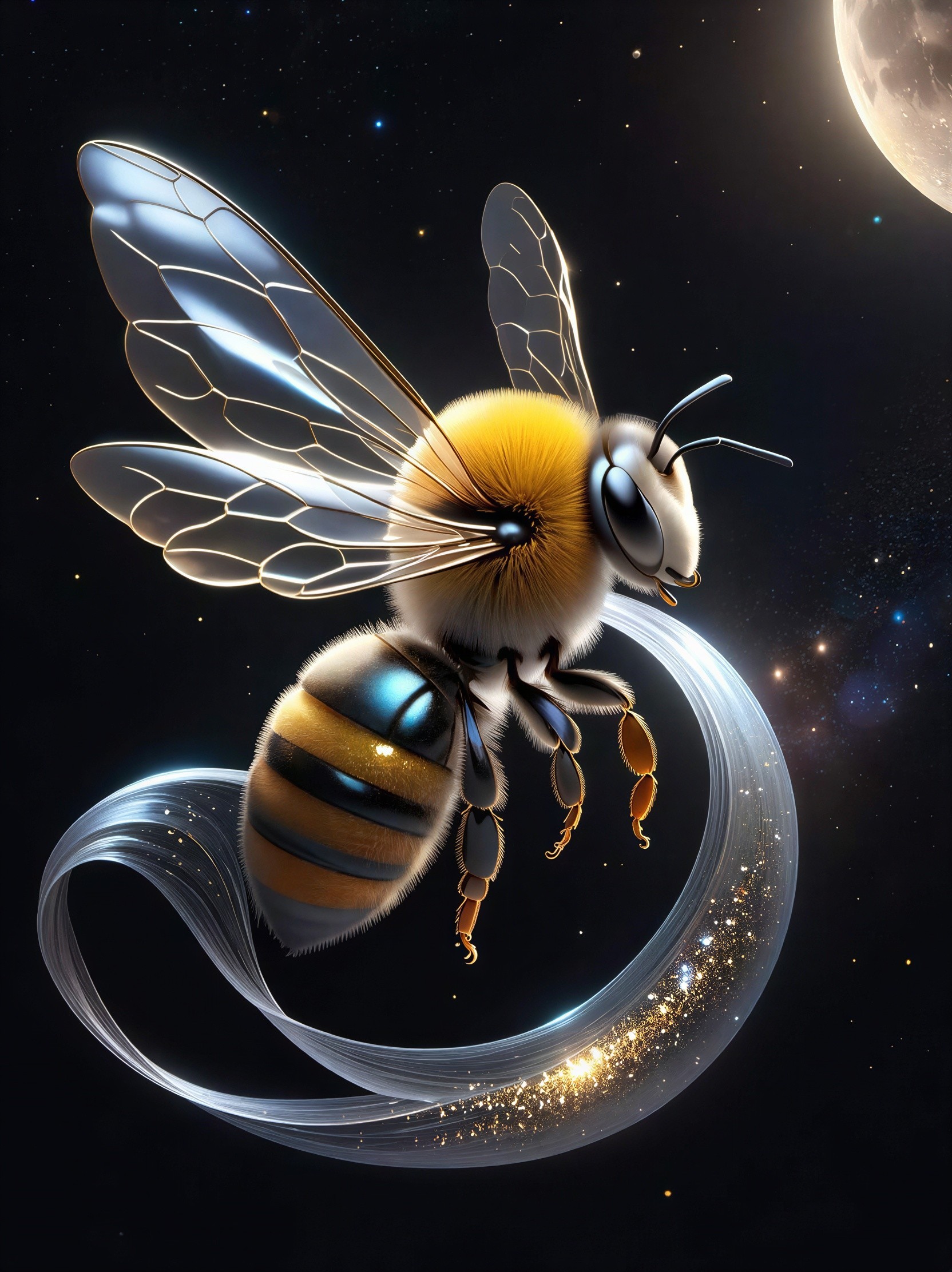 Stylized Honeybee in Cosmic Landscape with Moon
