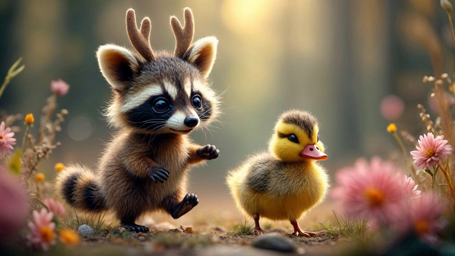 Whimsical Forest Scene with Raccoon and Duckling