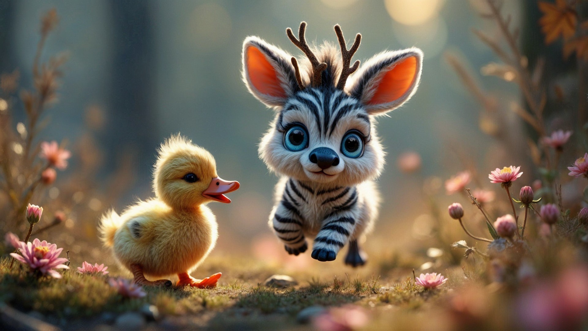 Whimsical Forest with Duckling and Zebra-like Creature