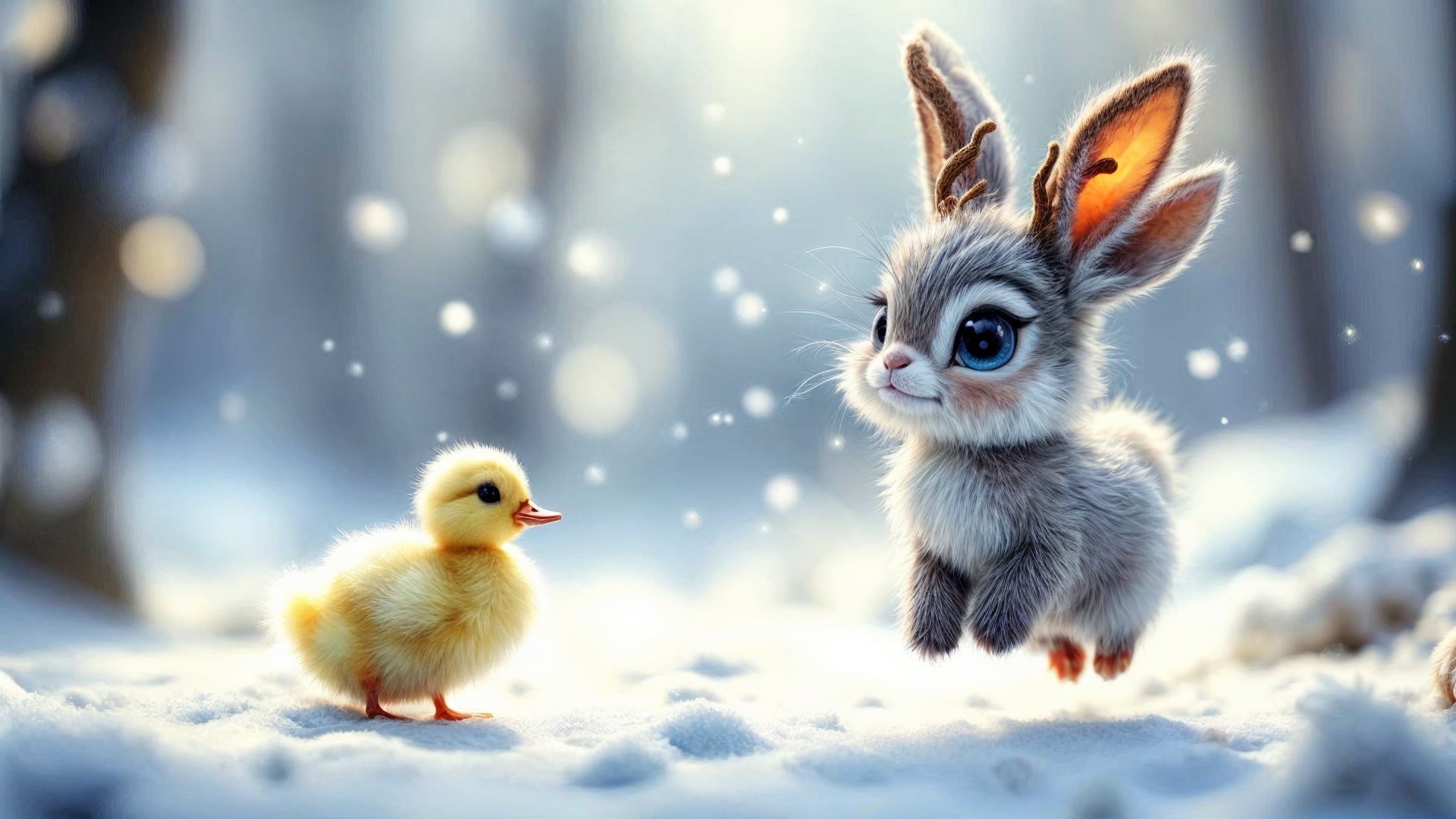 Whimsical Rabbit and Duckling in a Snowy Forest Scene