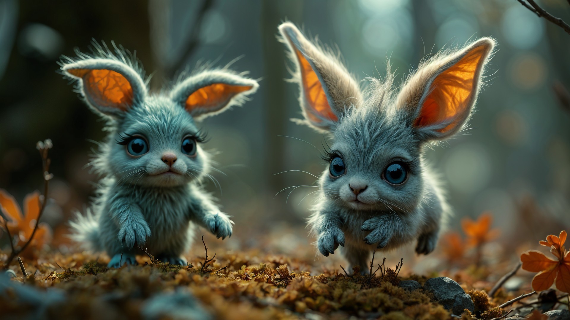 Fluffy Rabbits Playing in Autumn Forest Setting