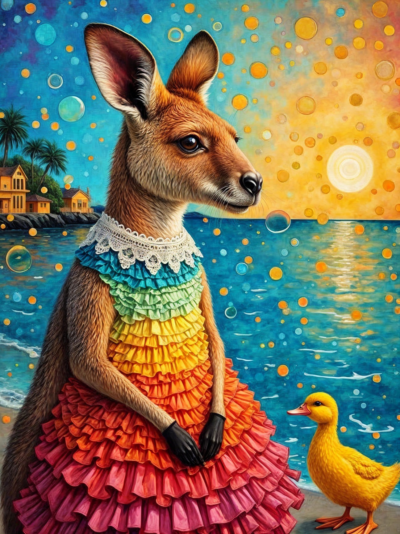 Kangaroo in Colorful Gown by Sunset Water Scene