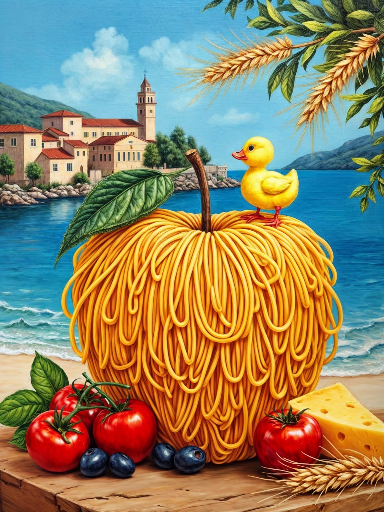 Vibrant Spaghetti Apple with Duckling and Fresh Produce