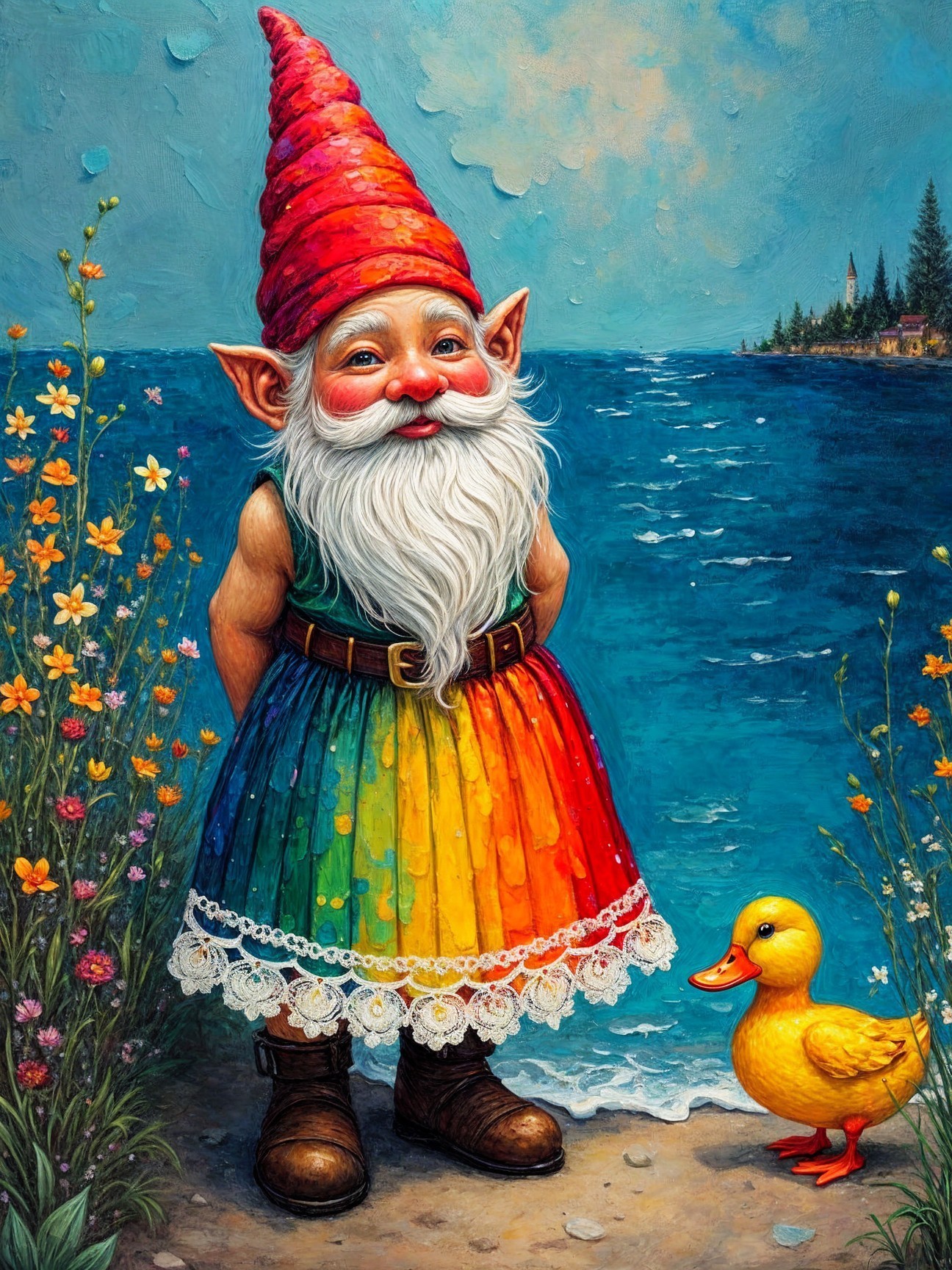 Cheerful gnome by blue lake with wildflowers and duck
