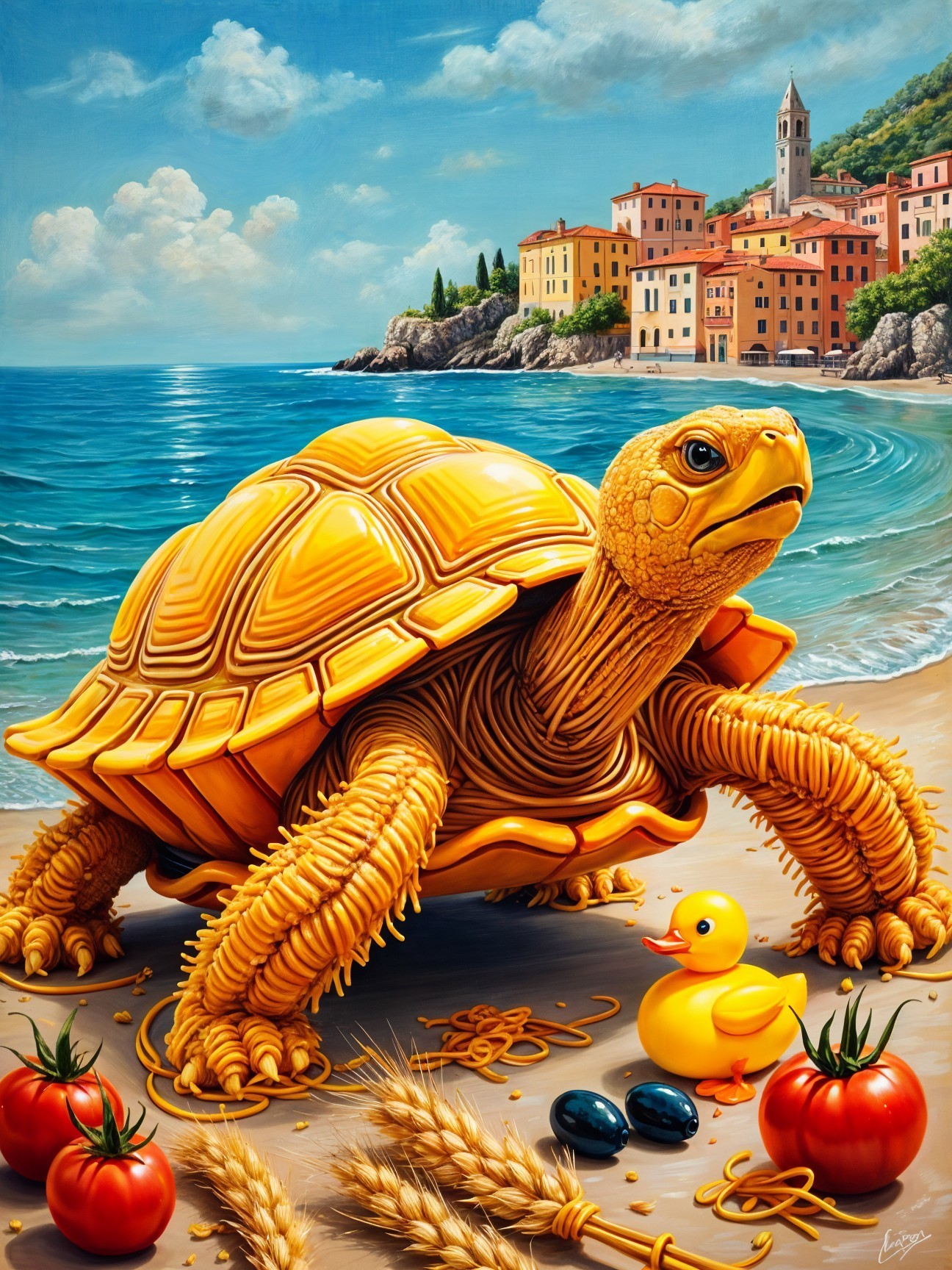Giant Pasta Turtle on a Beach with Rubber Duck and Tomatoes