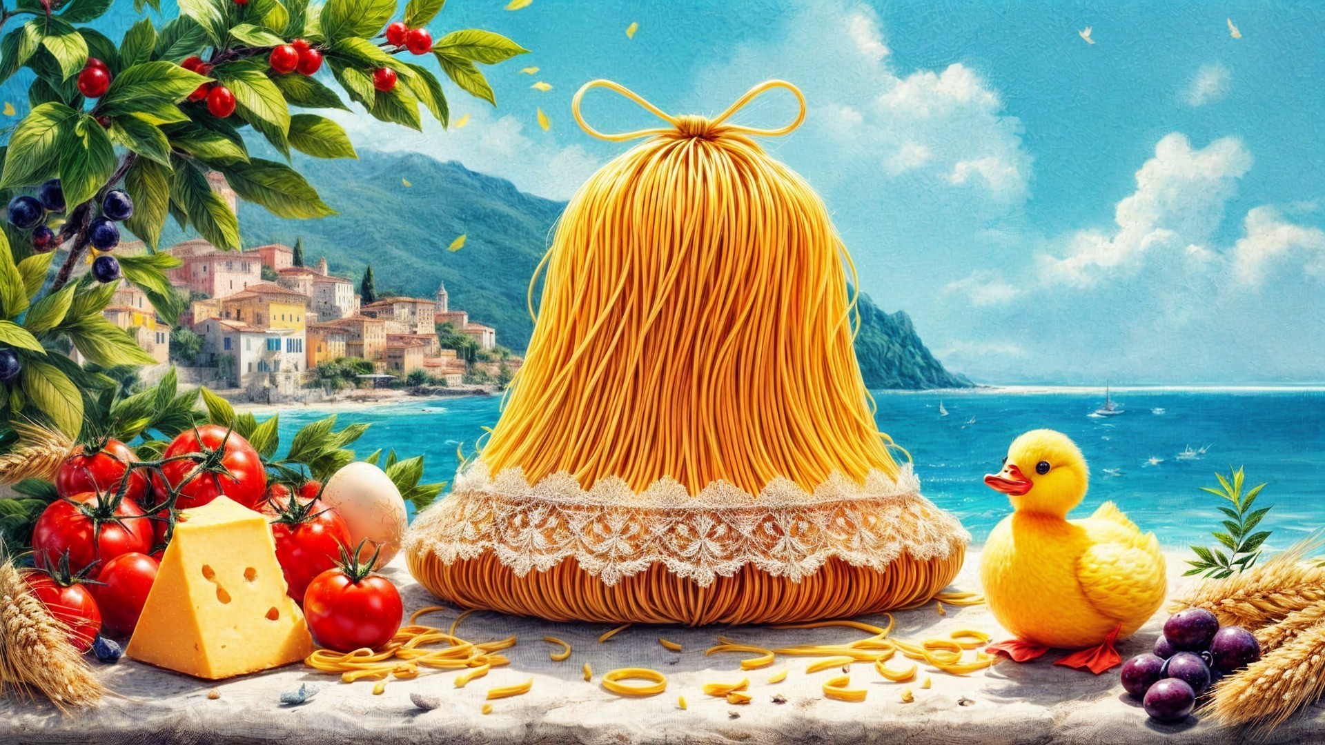 Whimsical Pasta Scene with Coastal Village Backdrop