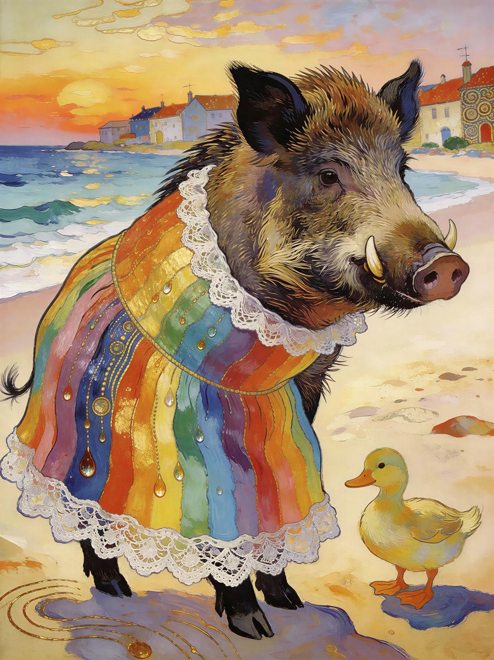 Wild Boar in Rainbow Dress at Sunset Beach Scene