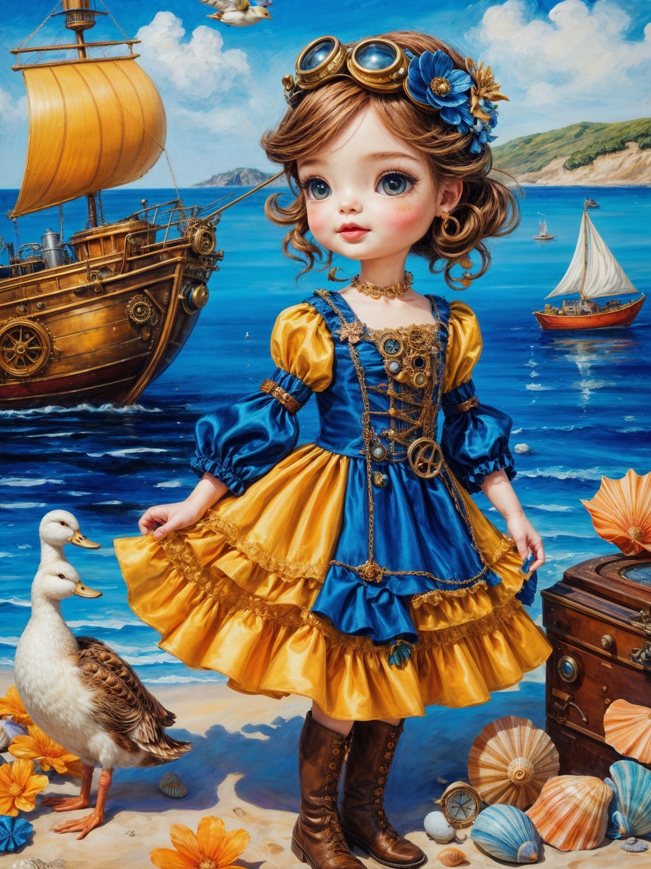 Charming Doll on Beach with Ship and Seashells