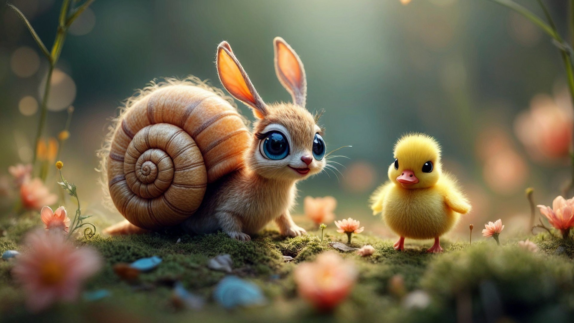 Whimsical Forest Scene with Rabbit and Duckling
