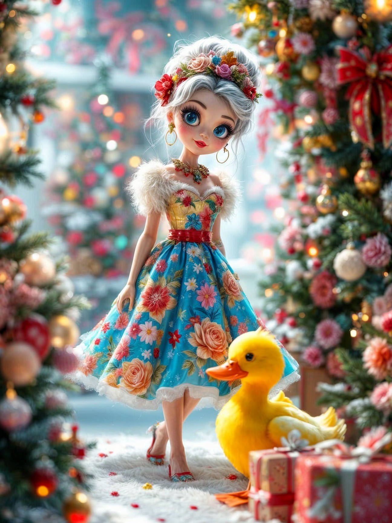 Charming Doll in Festive Holiday Setting with Duckling