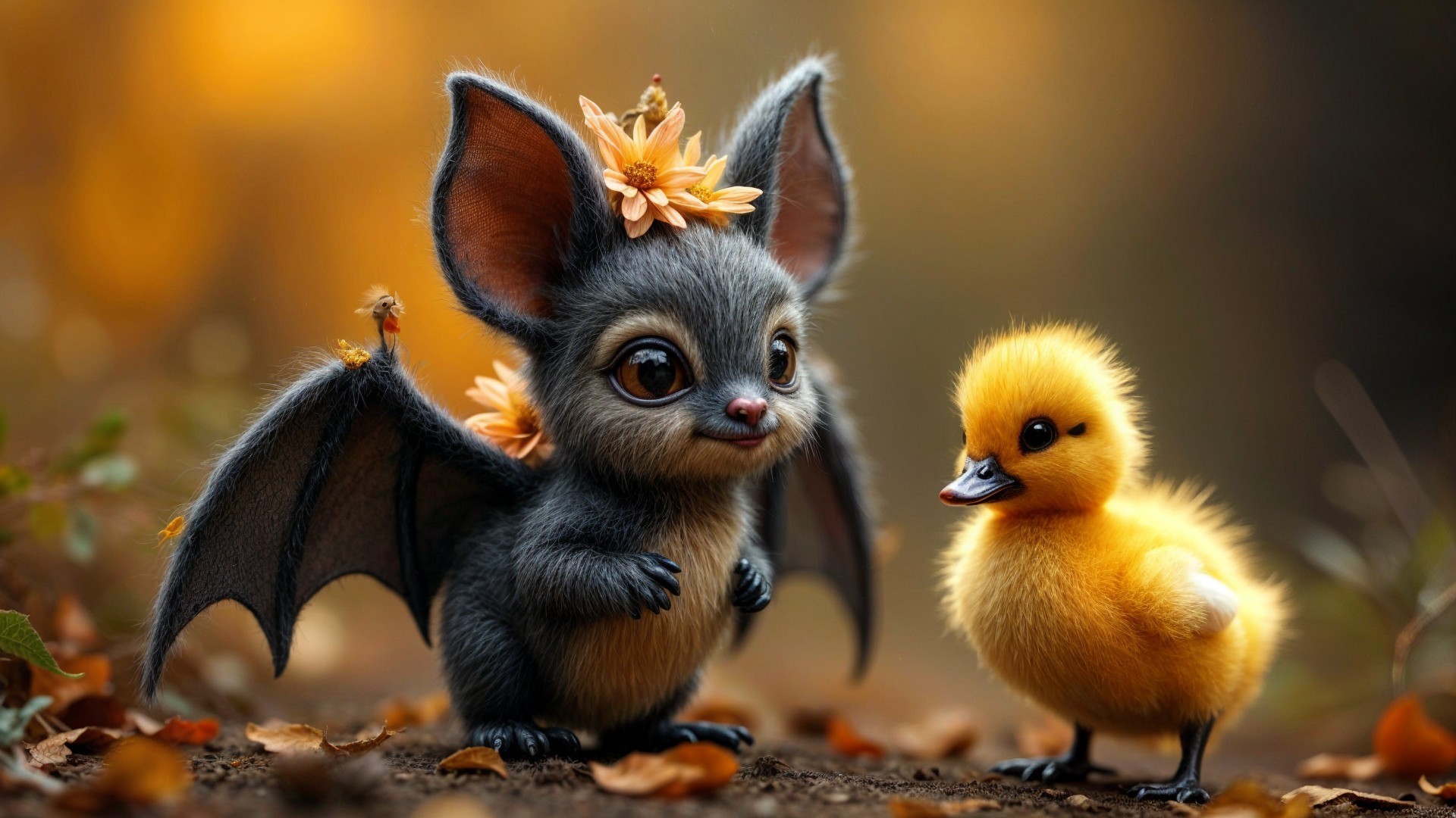 Whimsical Bat and Duckling in Autumn Scene