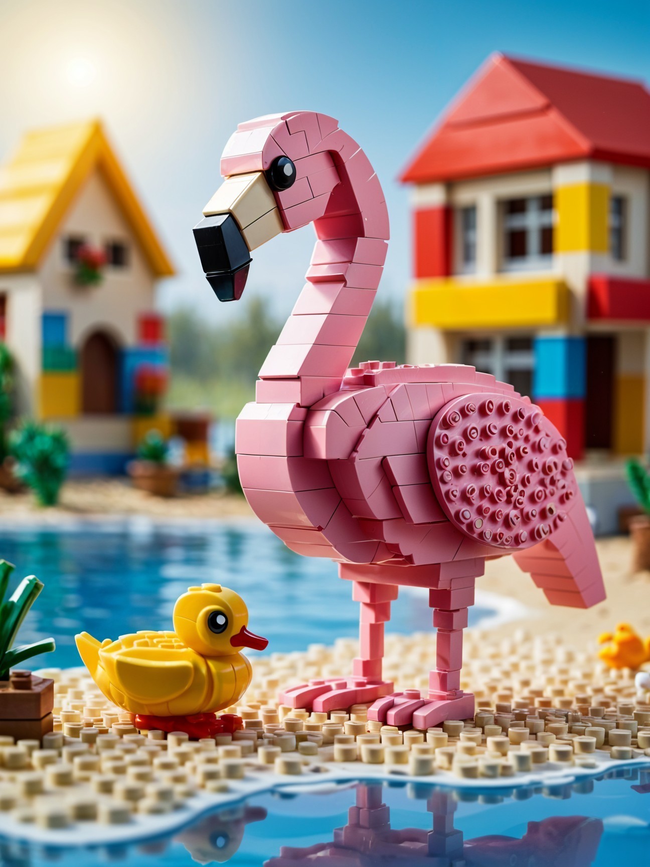 LEGO Flamingo and Duck in Colorful Playful Scene
