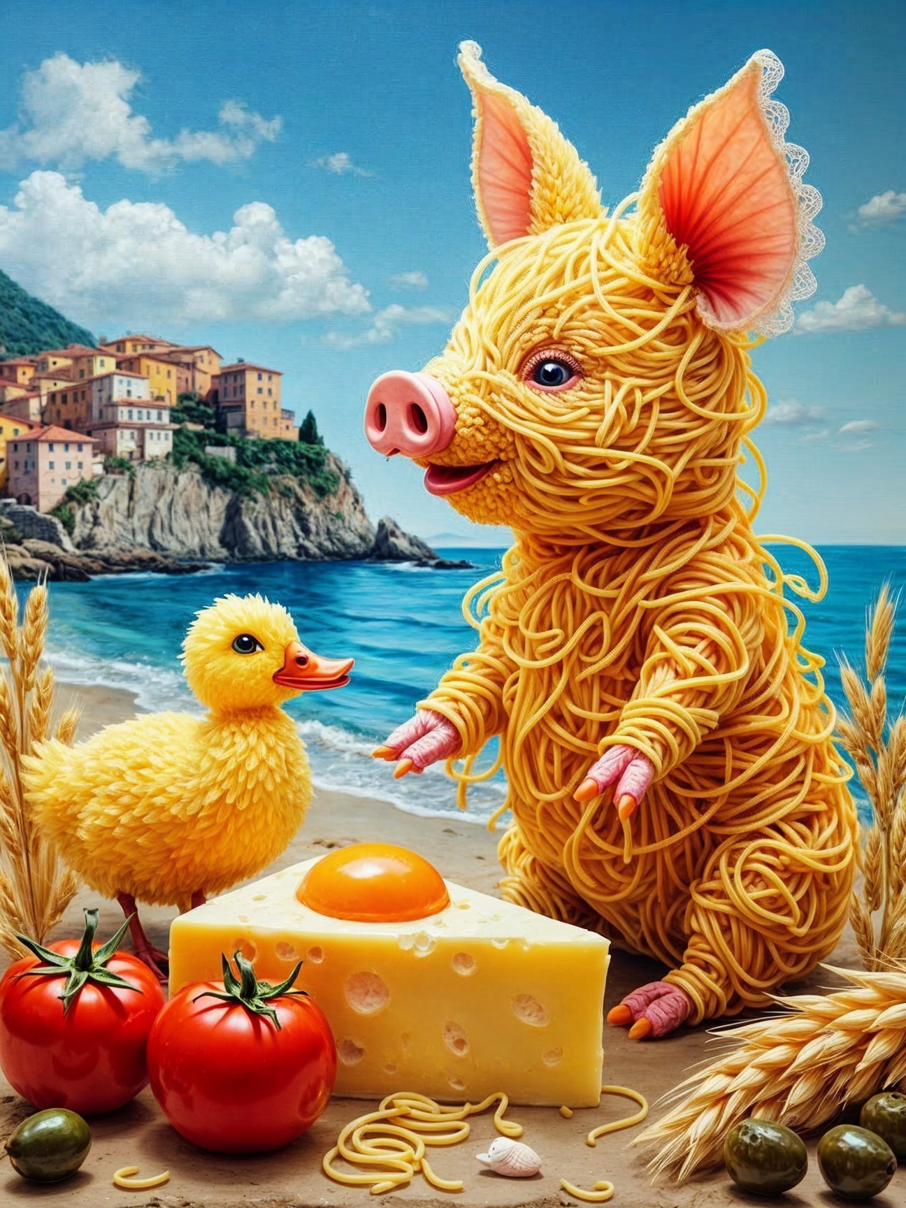 Whimsical Spaghetti Pig and Duckling on Beach Scene