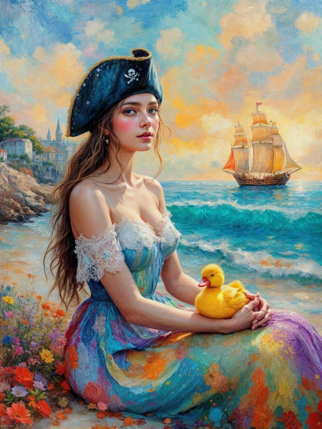 Young woman in pirate hat with rubber duck on beach