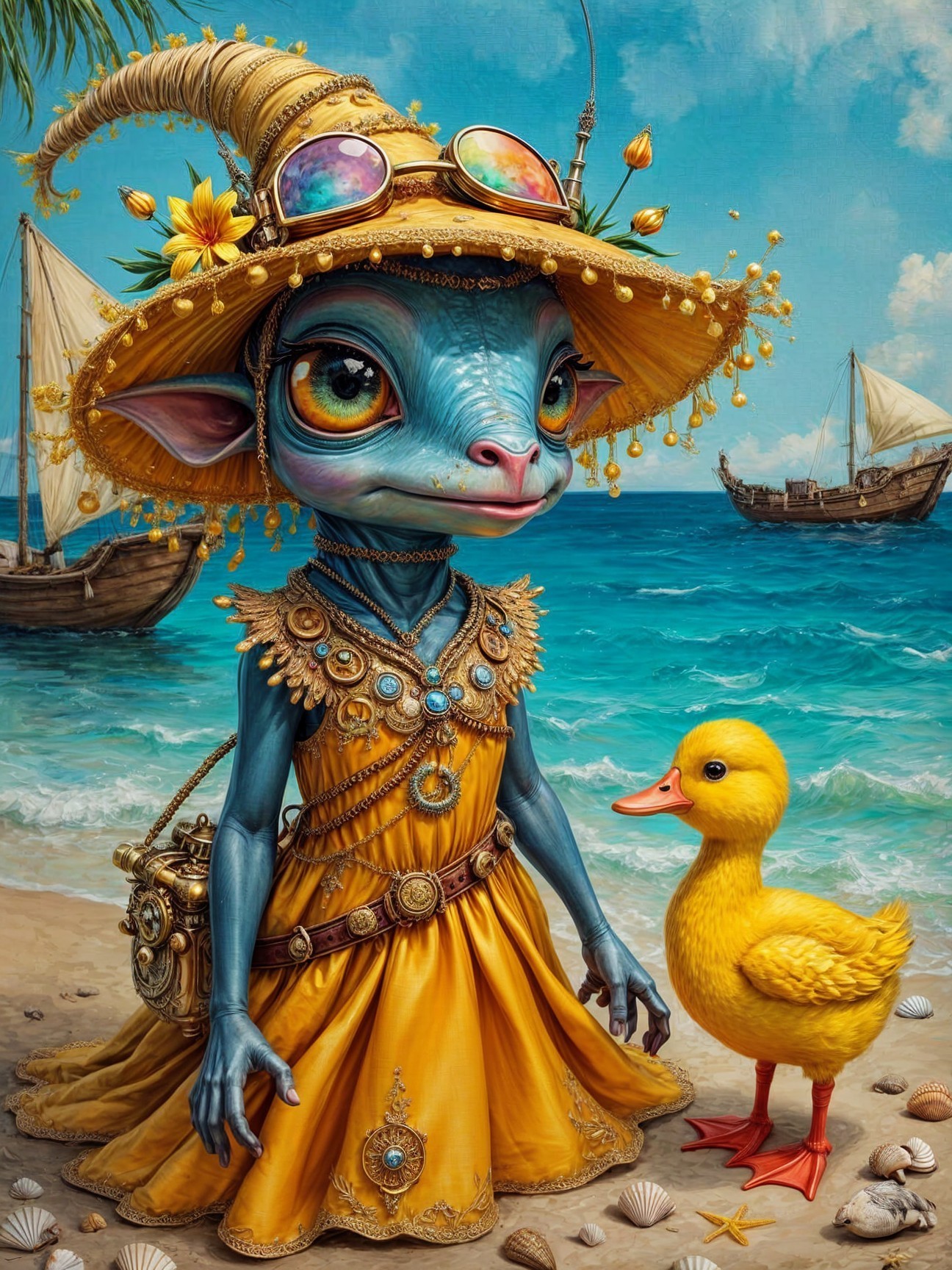 Whimsical Creature in Vibrant Dress at Beach Scene