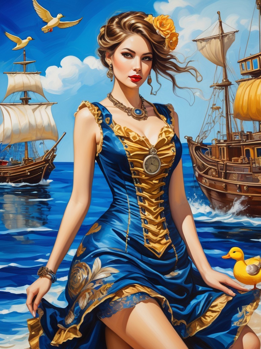 Woman in Blue Dress with Sailing Ships and Seagulls