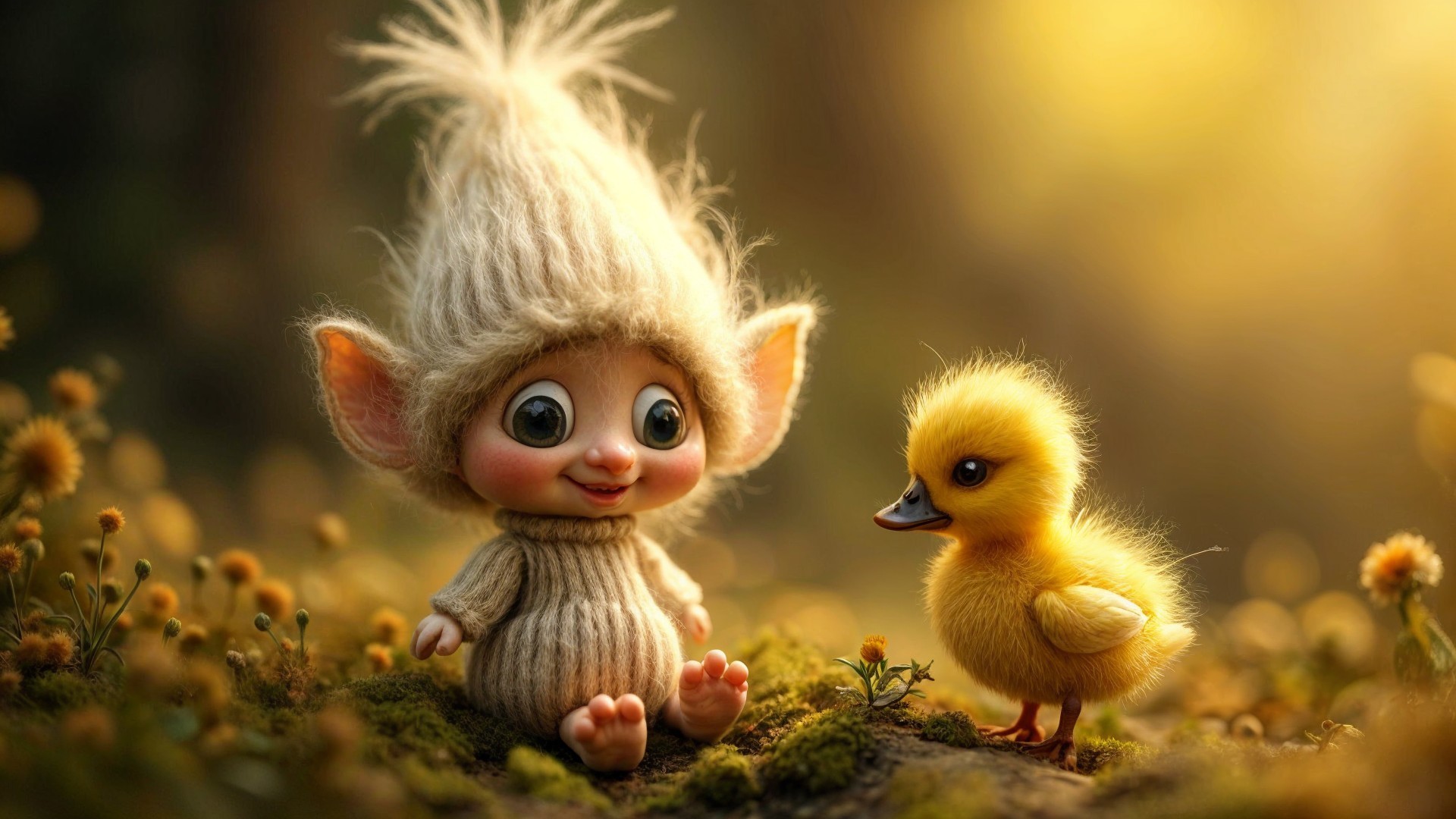 Whimsical Forest Scene with Cute Creature and Duckling