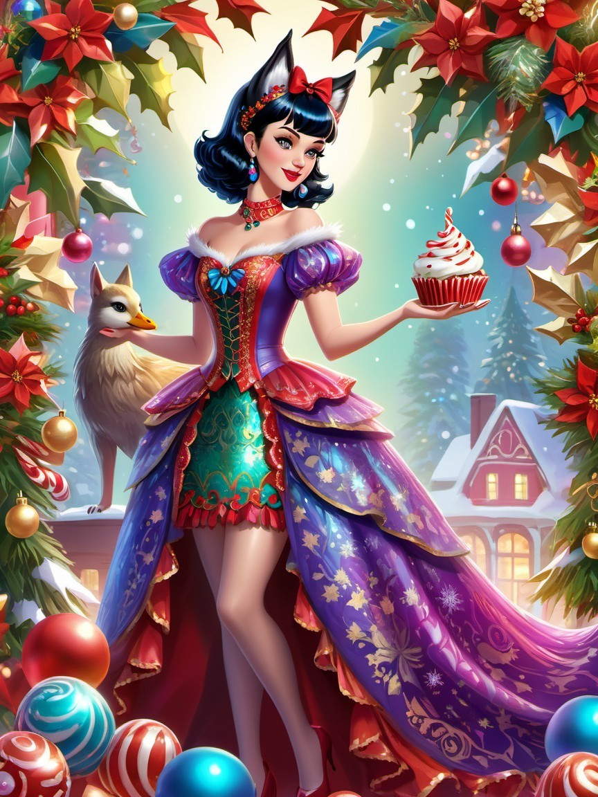 Whimsical Character in Festive Dress with Cupcake