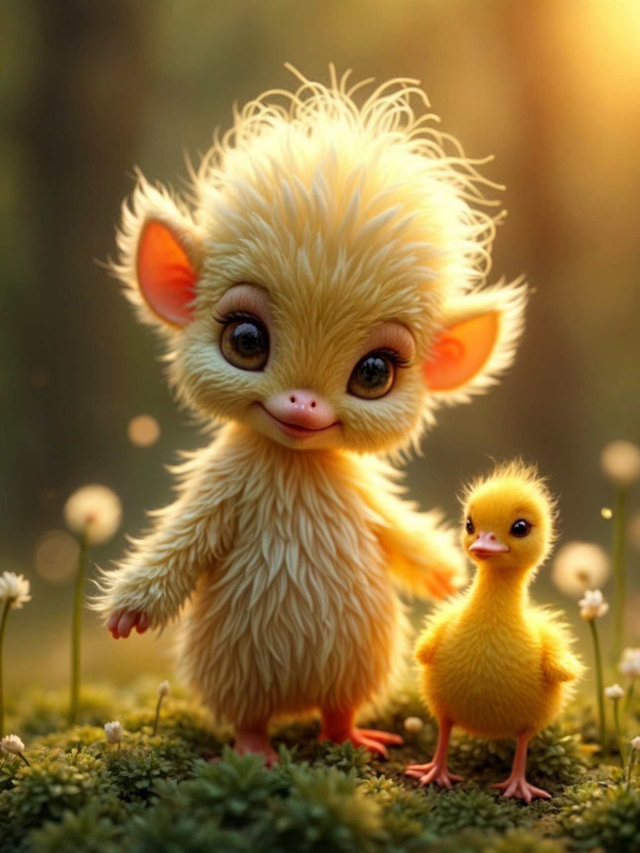 Whimsical Furry Creature and Duckling in Forest Scene