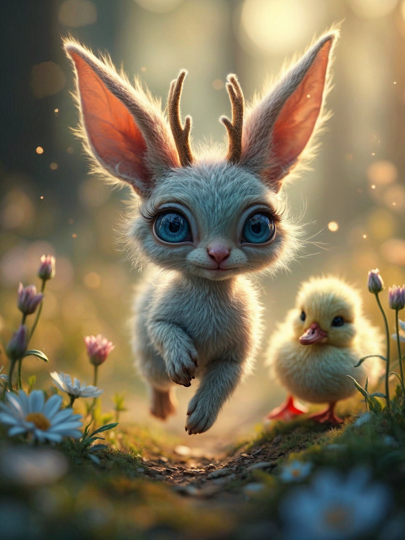 Whimsical Creature and Duckling in a Magical Forest