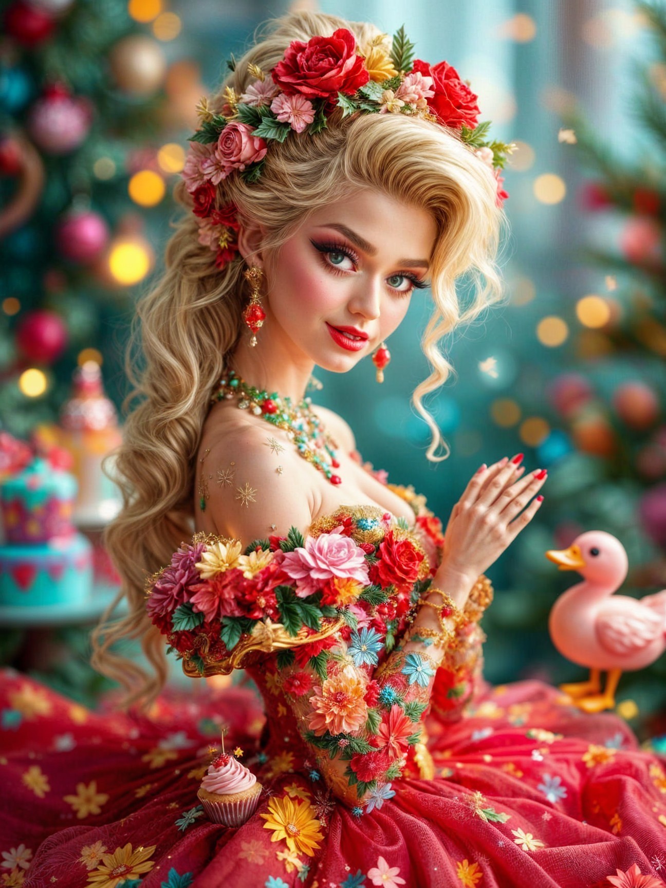 Floral Gown and Whimsical Holiday Backdrop Details