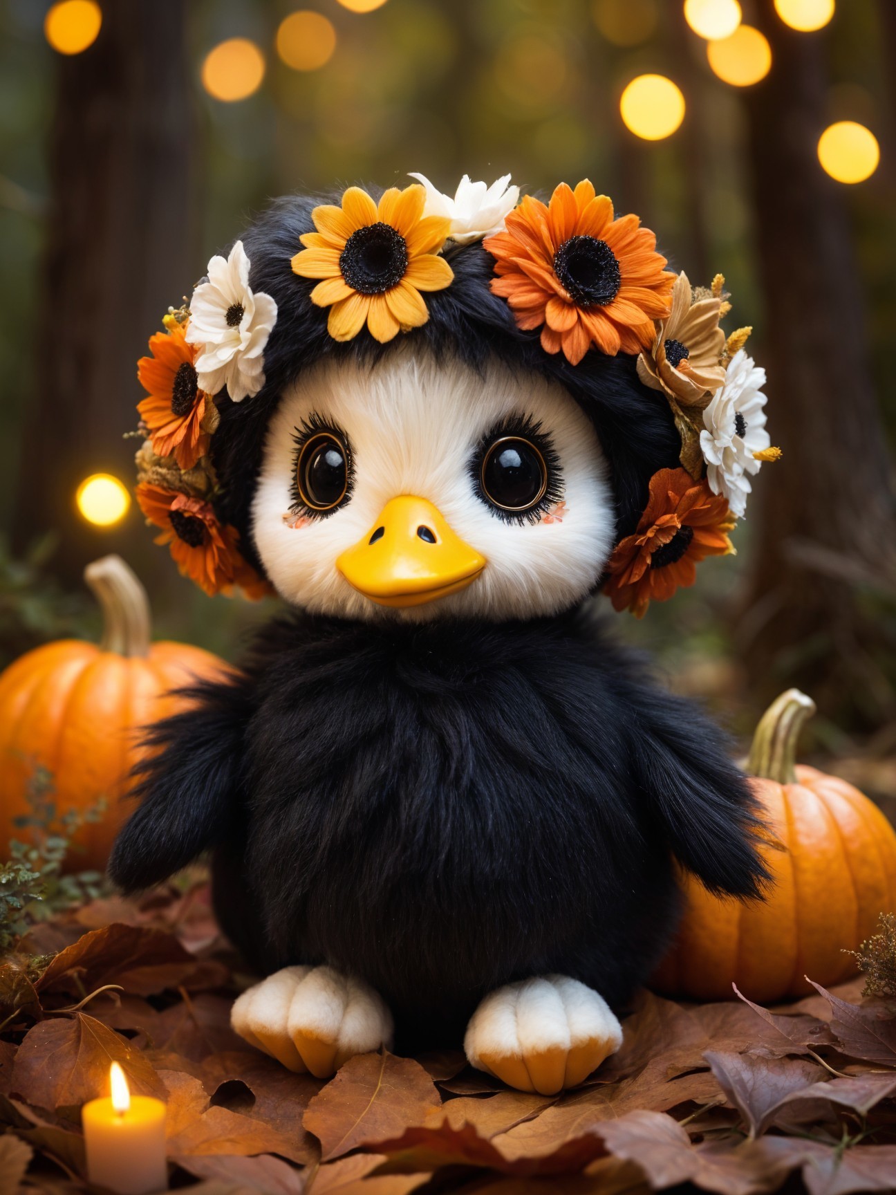 Whimsical Black Plush Duckling with Floral Crown