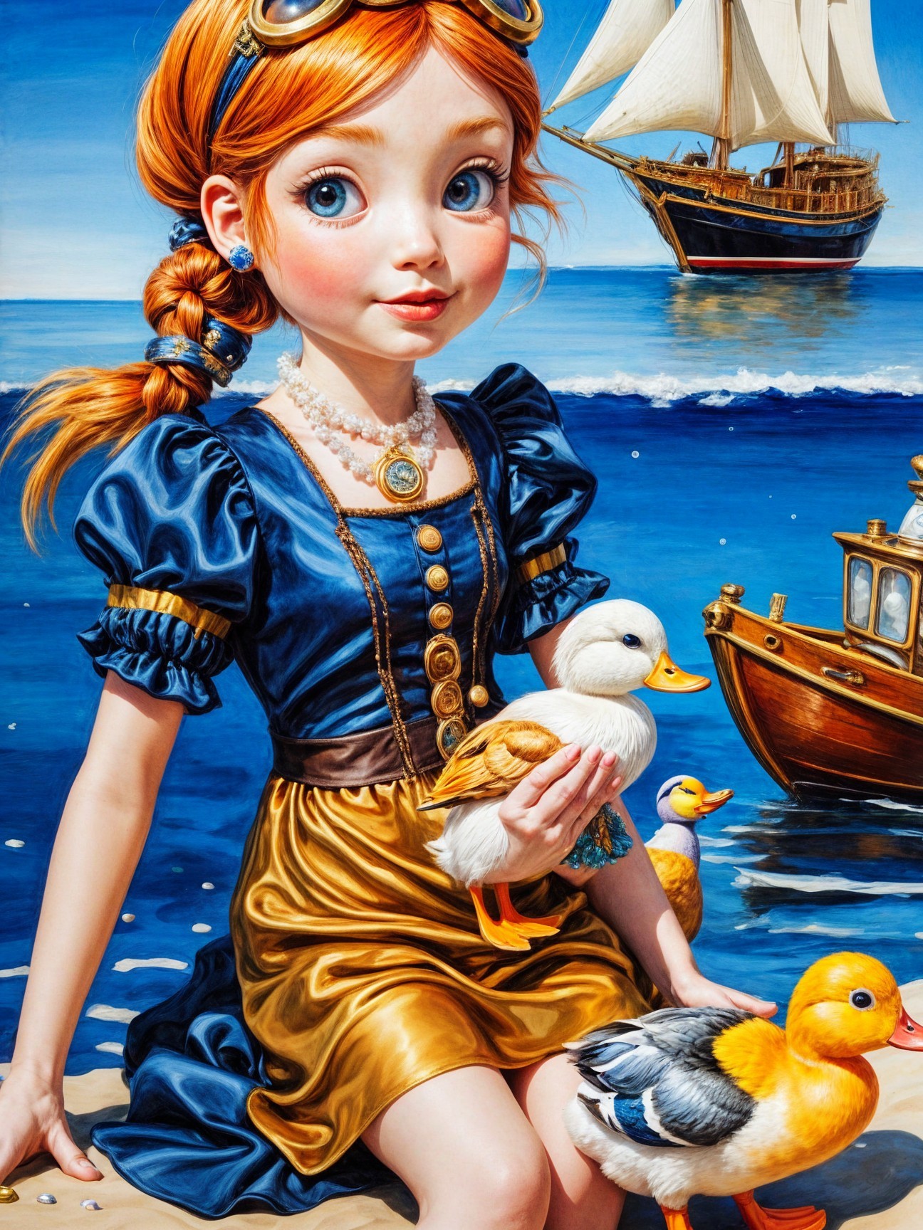 Whimsical Scene of Girl with Ducks and Sailing Ship