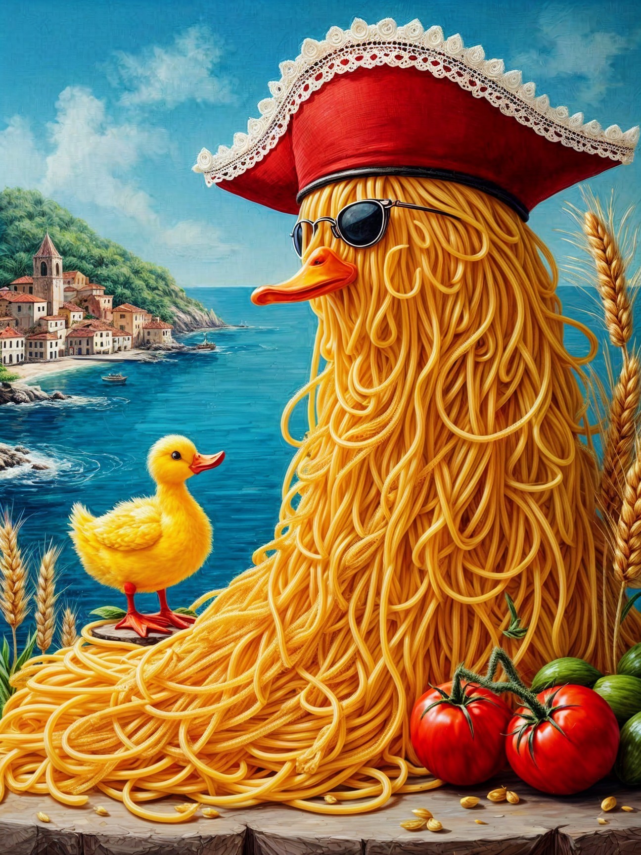 Whimsical Duck with Spaghetti Feathers in Coastal Scene
