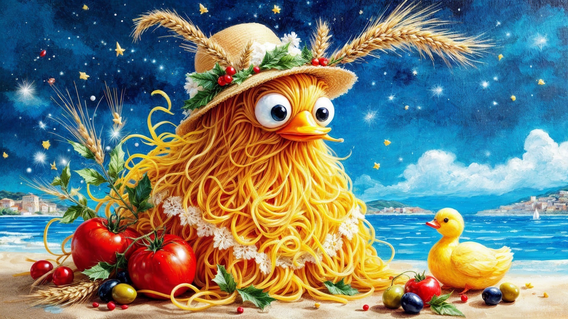 Cartoon Duck Made of Pasta on a Beach Scene