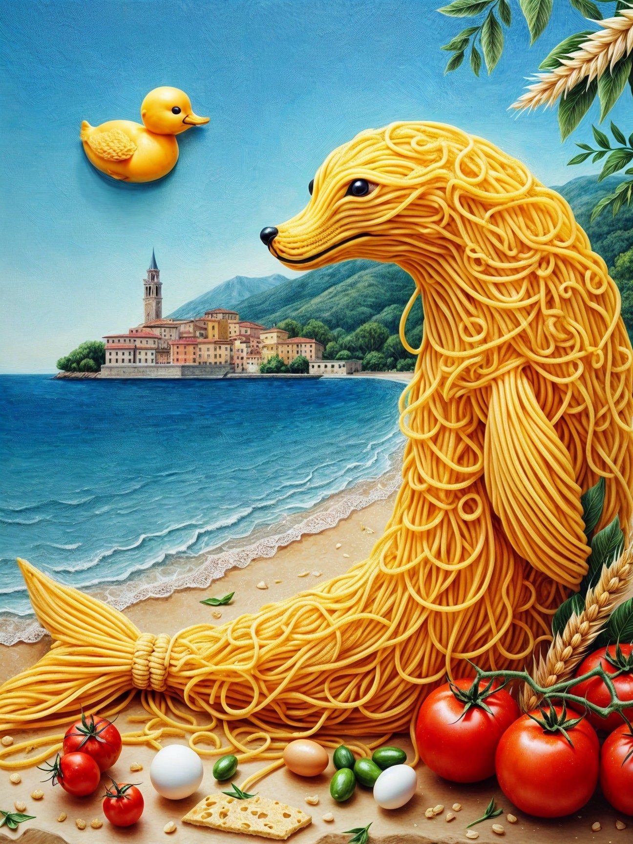 Golden Spaghetti Seal on Beach with Duck and Ingredients