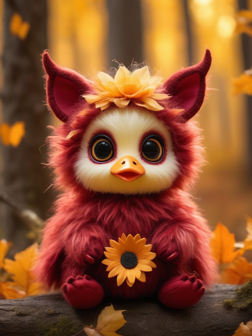 Fluffy Creature Surrounded by Autumn Leaves and Sunflowers
