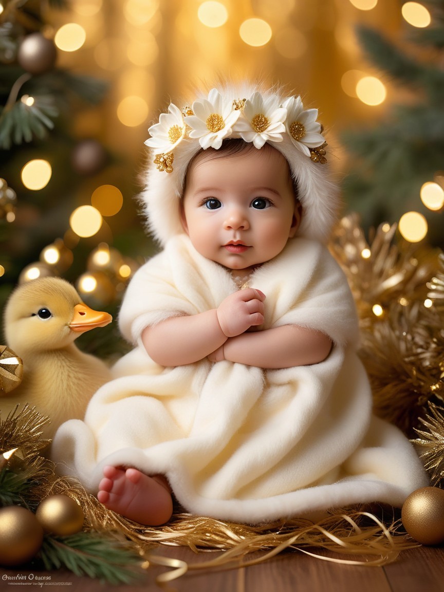 Charming Baby with Duckling in Festive Setting
