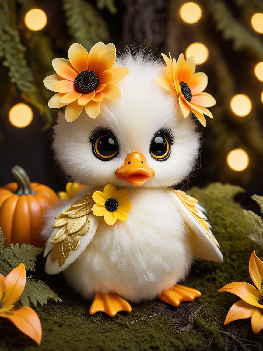 Charming Chick with Flowers in Autumn Setting