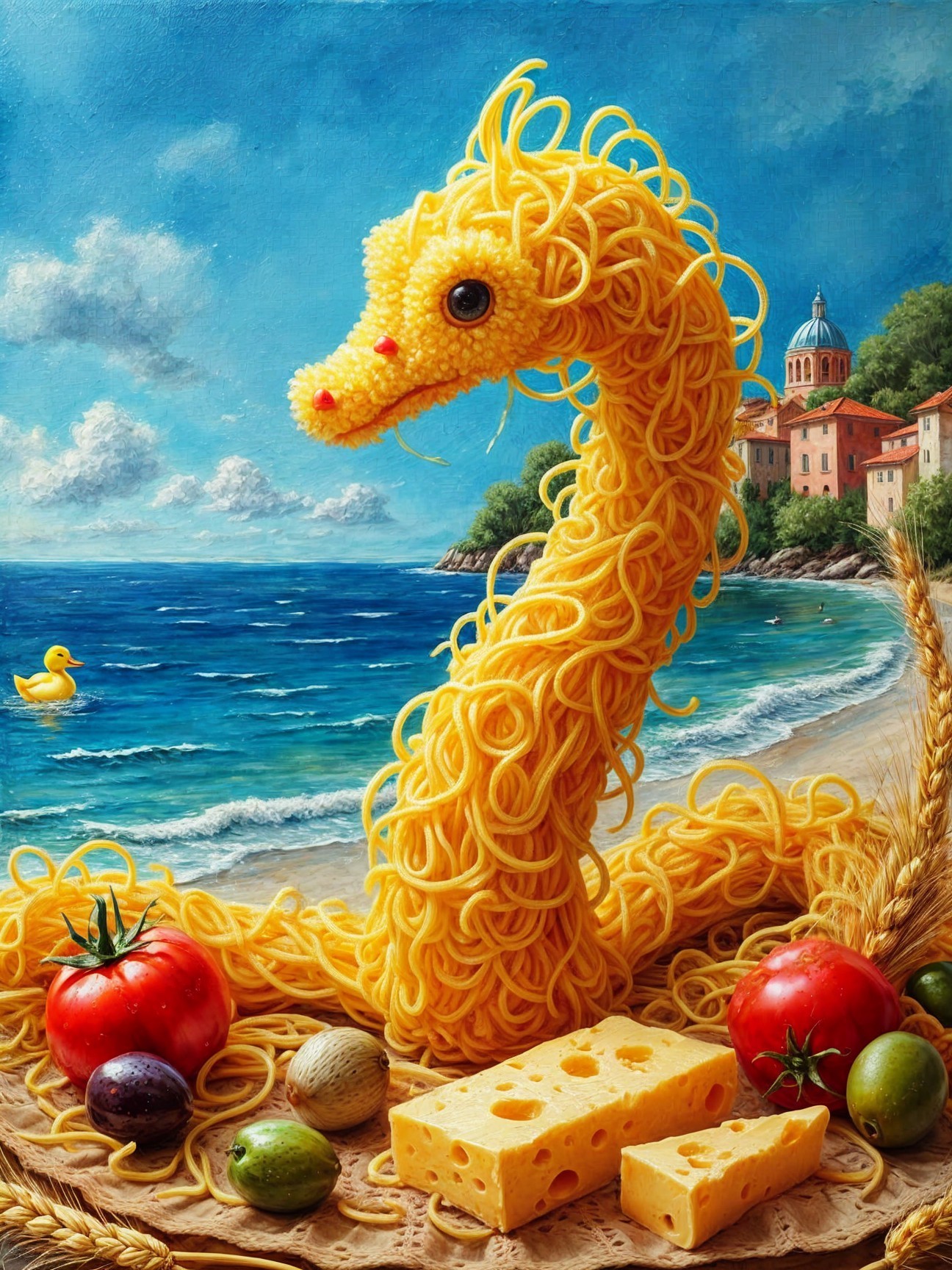 Spaghetti Dragon on a Beach with Colorful Vegetables
