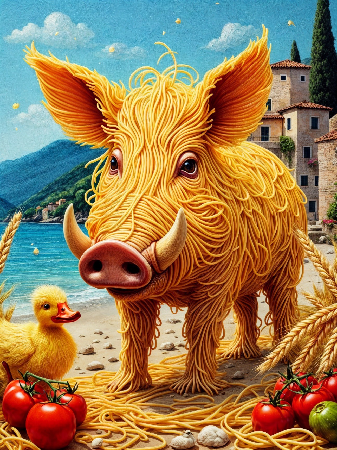 Whimsical Beach Scene with Pig and Duckling