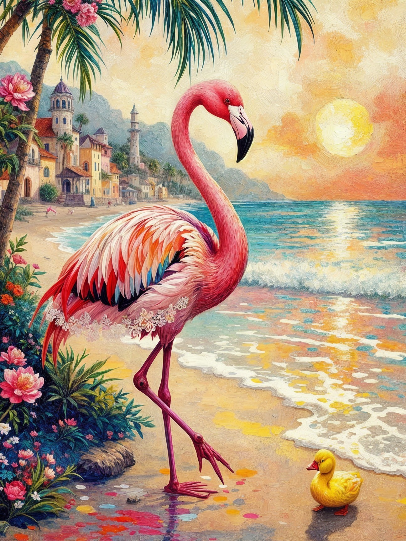 Flamingo and Duck at Sunset Beach Scene with Palm Trees