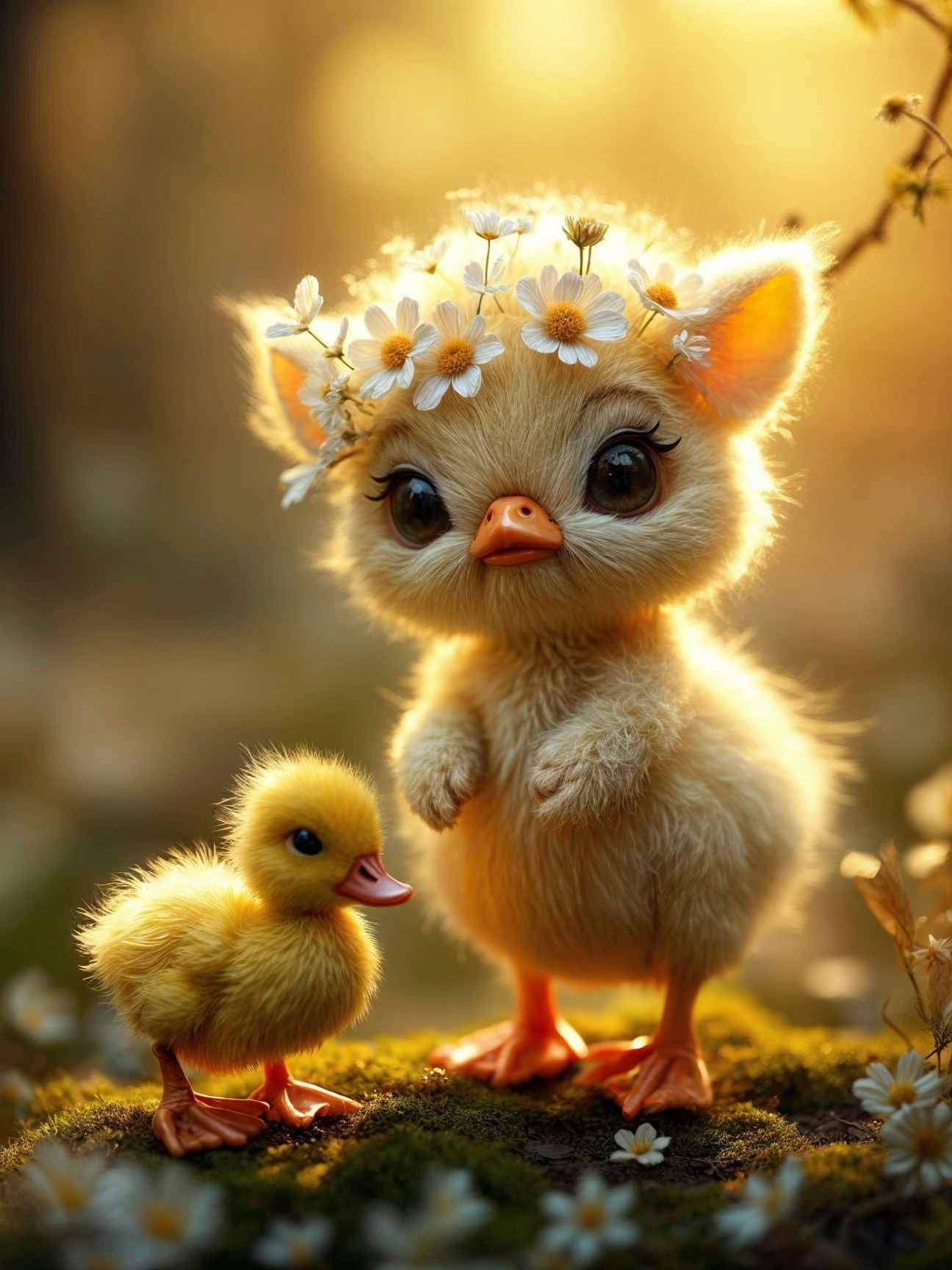 Fluffy Chick with Flower Crown in Enchanted Setting