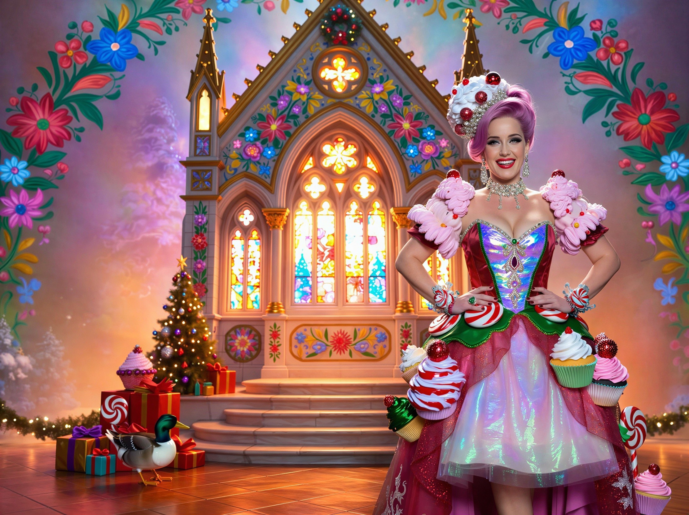 Whimsical Woman in Candy-Themed Dress and Church Backdrop