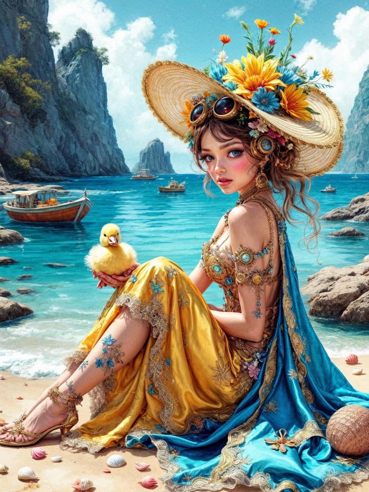 Young Woman in Vibrant Gown by Serene Beach