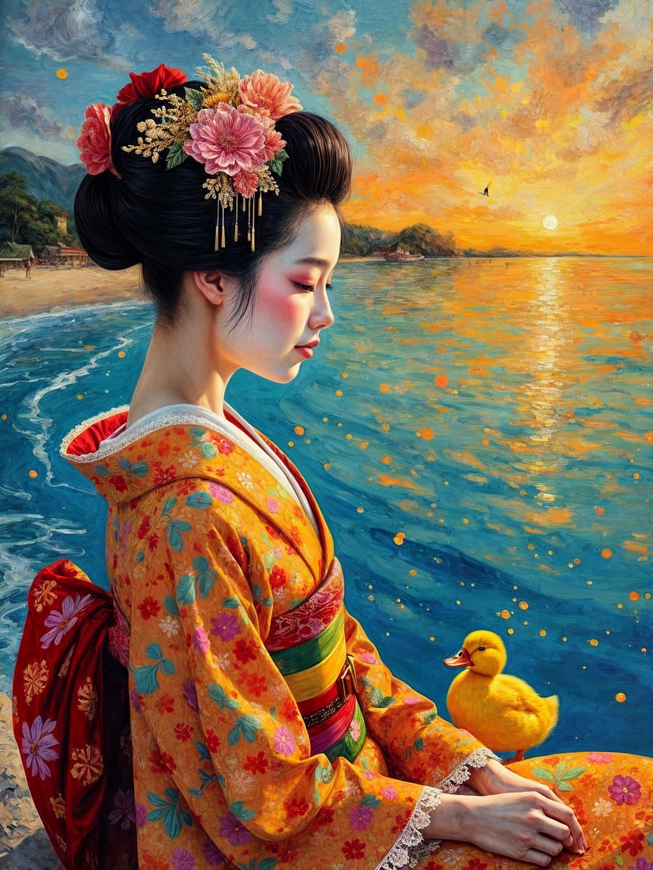 Young Woman in Traditional Attire at Sunset by Ocean
