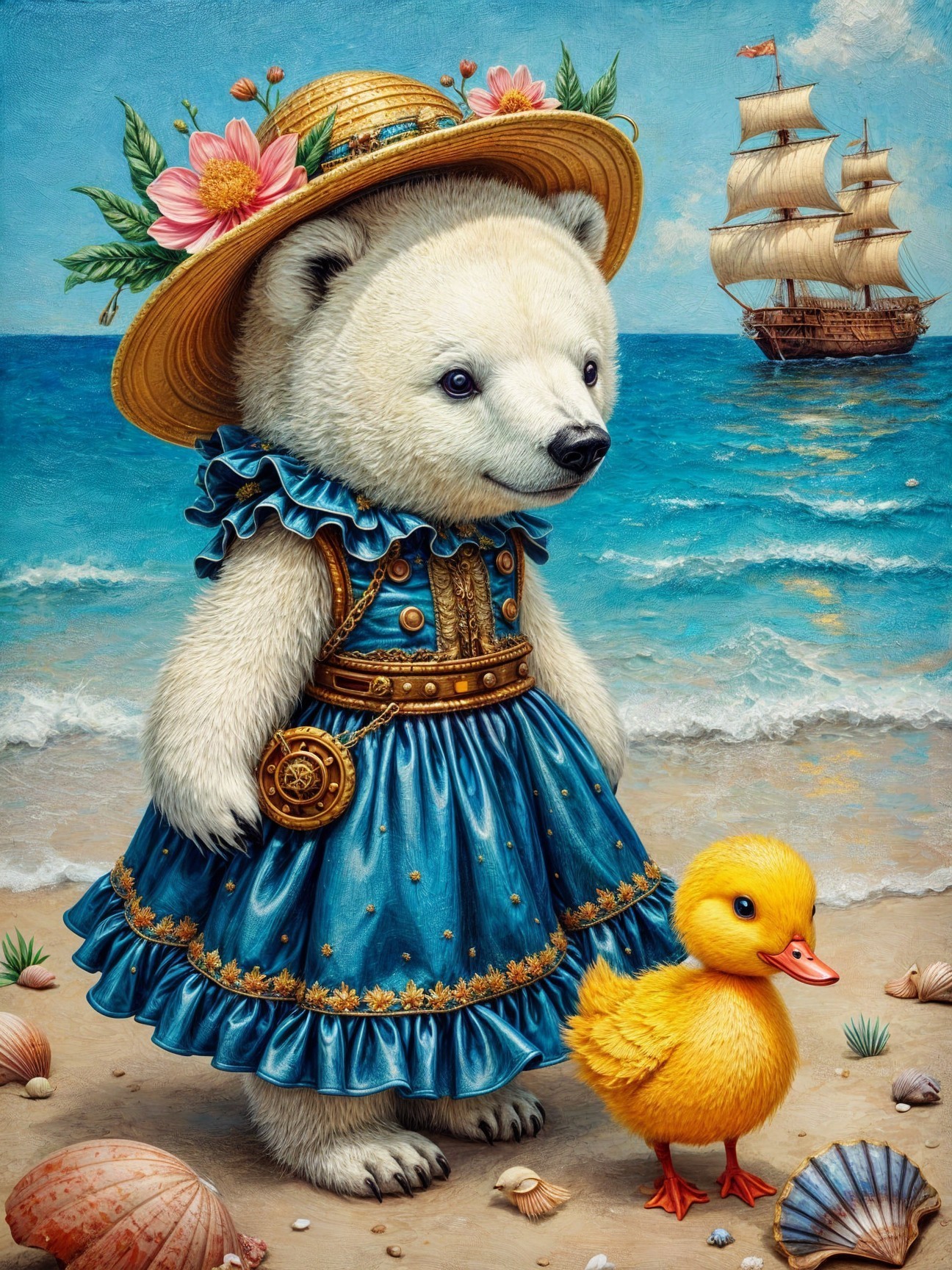 Polar Bear in Dress and Duckling at Sandy Beach