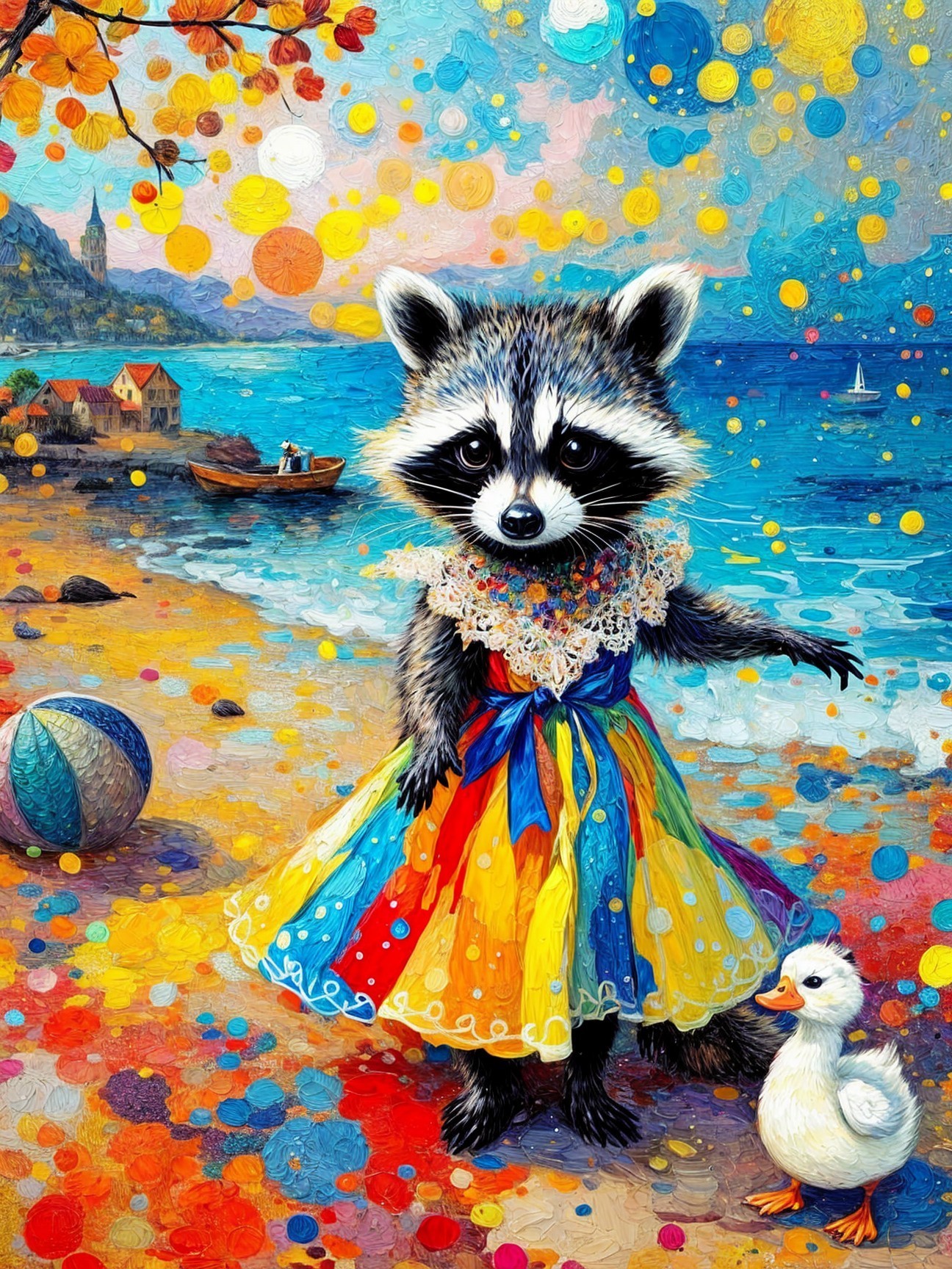 Raccoon in Polka-Dotted Dress on Colorful Beach