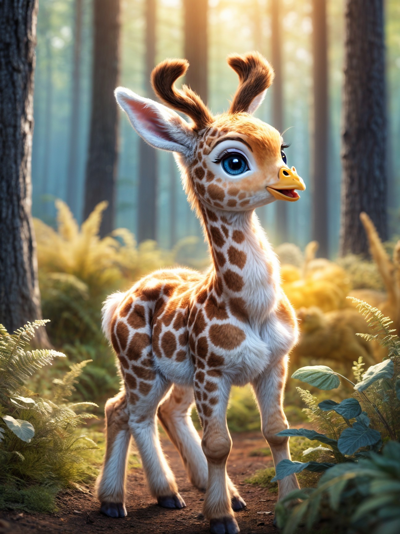 Animated Baby Giraffe in a Lush Green Forest