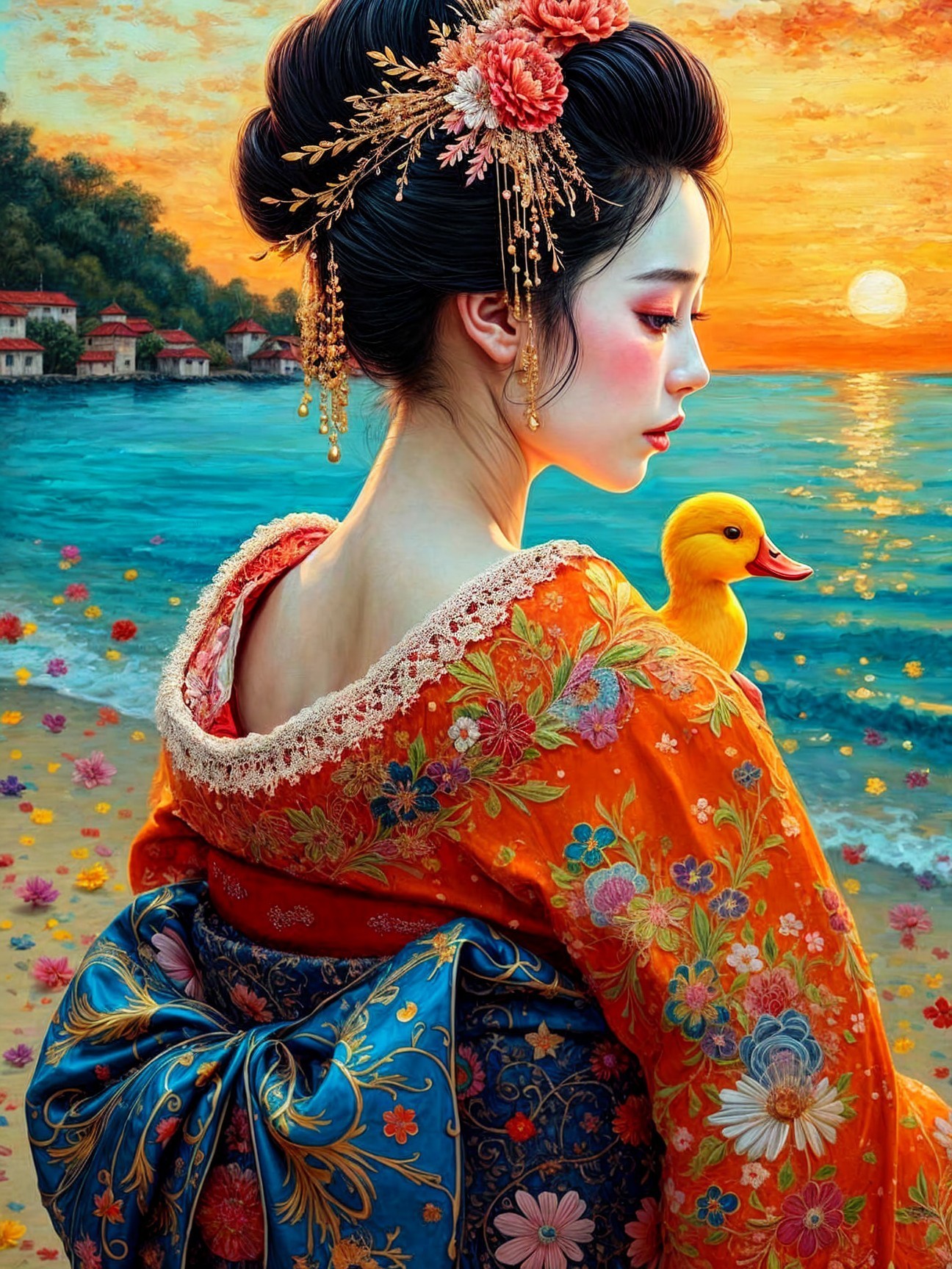 Woman in Kimono at Sunset with Duckling on Shoulder
