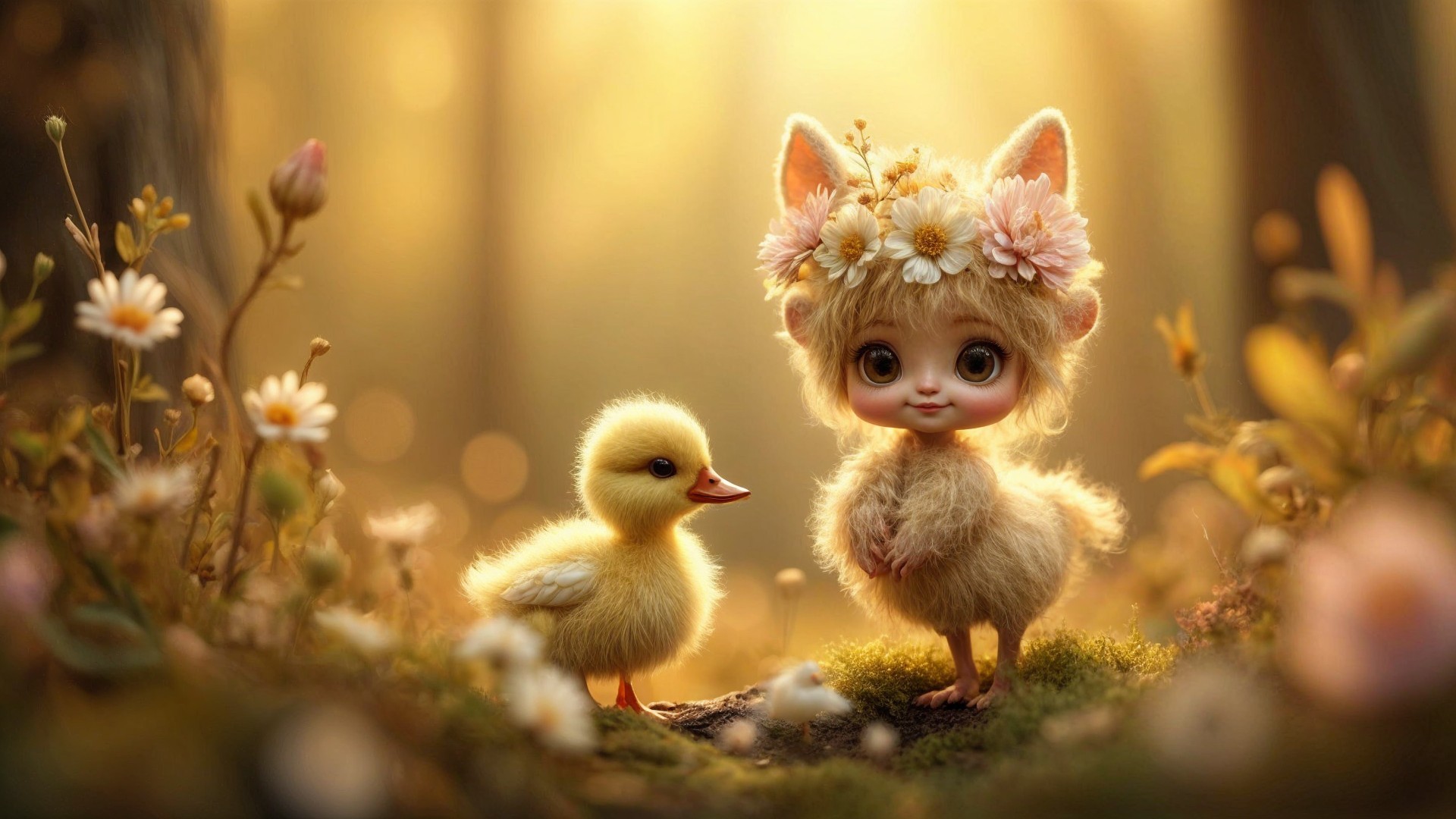 Whimsical Forest Scene with Doll-like Creature and Duckling