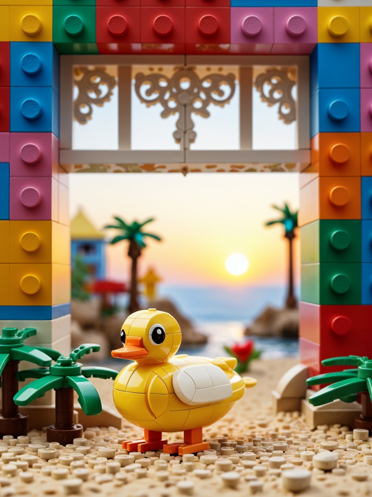 Cheerful Duck Toy in Colorful Block Landscape at Sunset