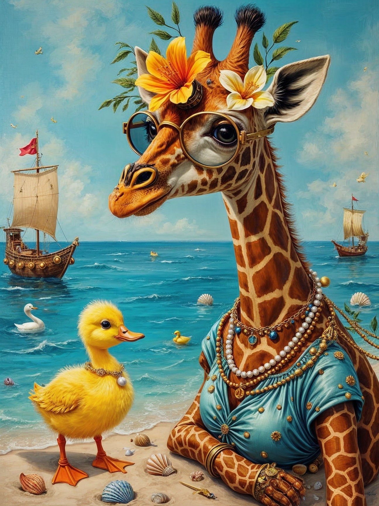 Whimsical Beach Scene with Giraffe and Duckling